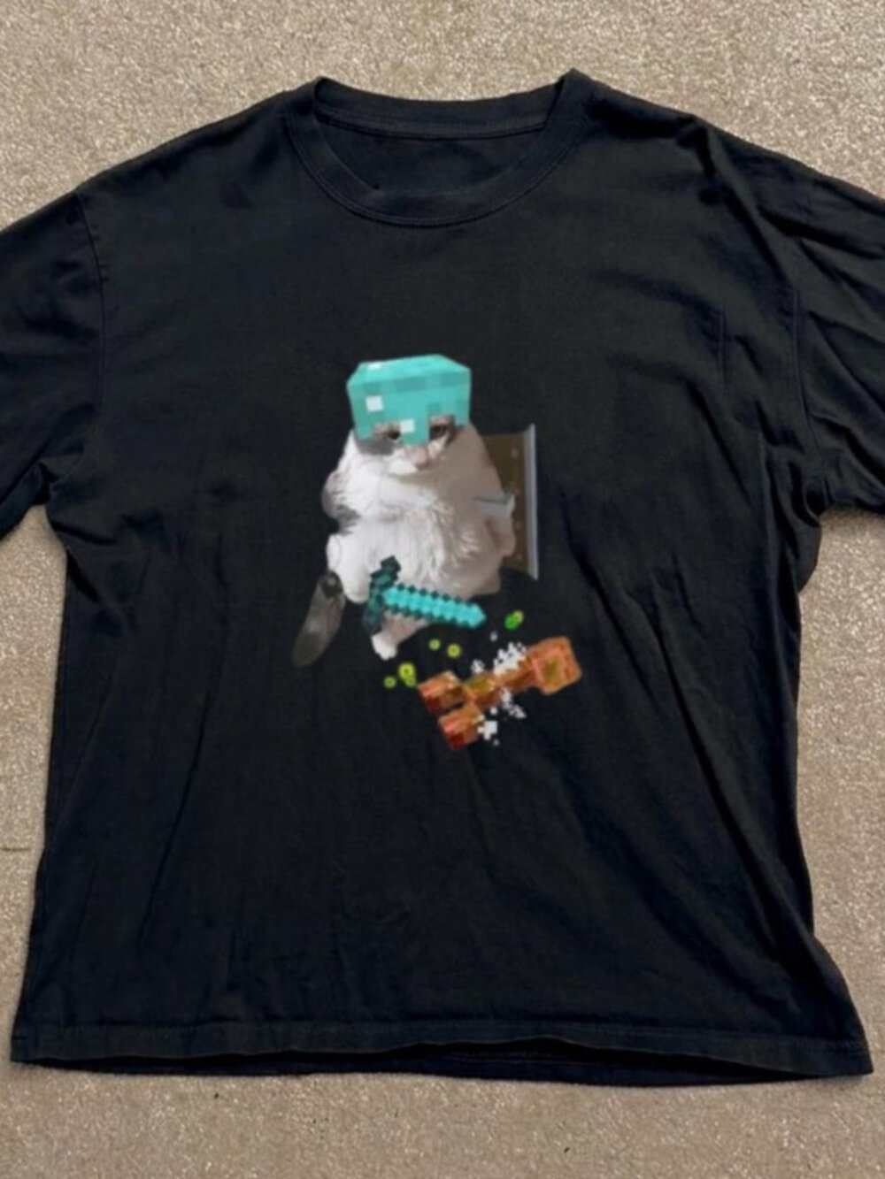 Minecraft Cat Diamond Armor Sword Meme T-Shirt Black